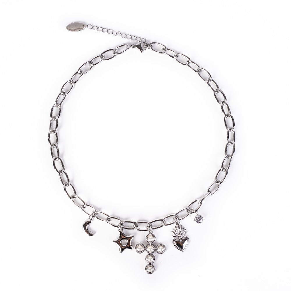 CHOKER NECKLACE WITH CROSS WITH HEART PEARLS AND OTHER PENDANTS