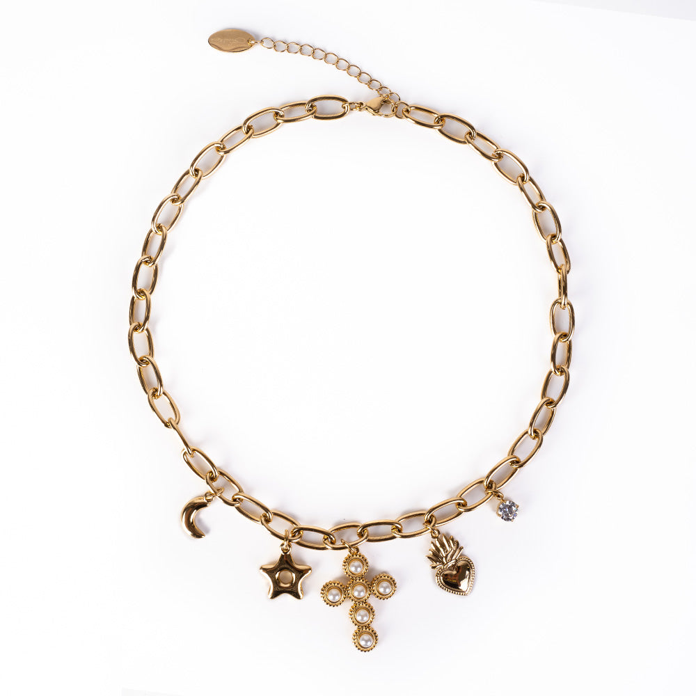 CHOKER NECKLACE WITH CROSS WITH HEART PEARLS AND OTHER PENDANTS