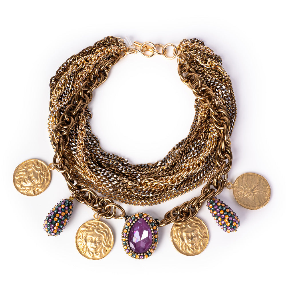 COLLANA GIROCOLLO MULTIFILO A CATENA CON MONETE E PIETRE