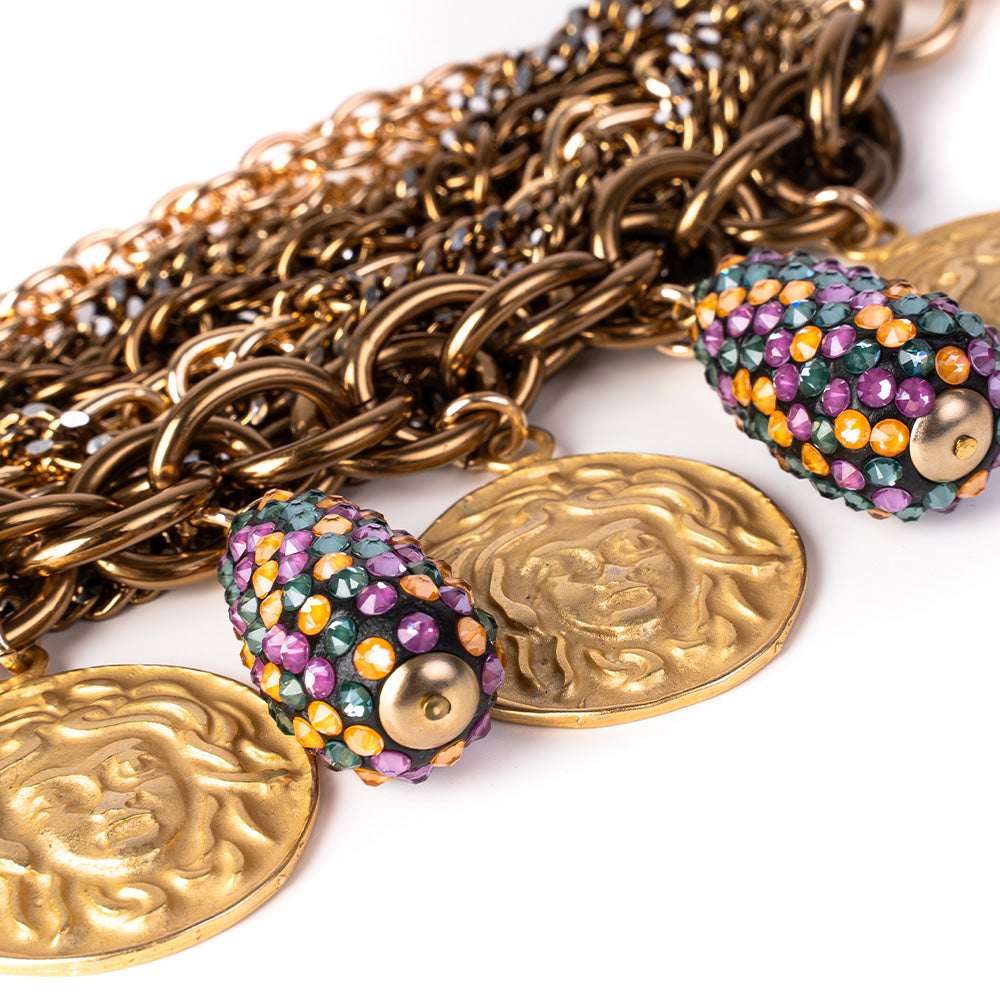 BRACCIALE MORBIDO A CATENA CON MONETE E PENDENTI CON STRASS