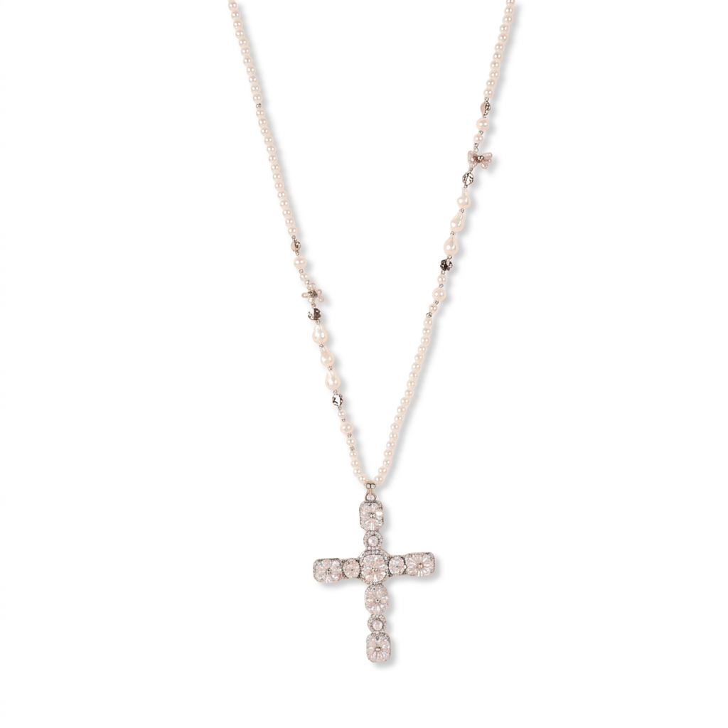 LONG PEARL NECKLACE WITH PENDANT CROSS WITH APPLICATIONS