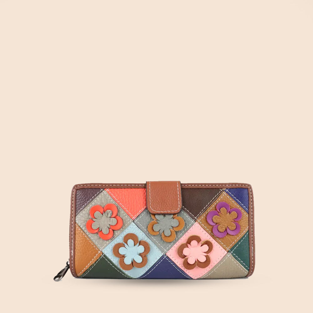 PORTAFOGLIO GRANDE PATCHWORK CON FIORI IN RILIEVO