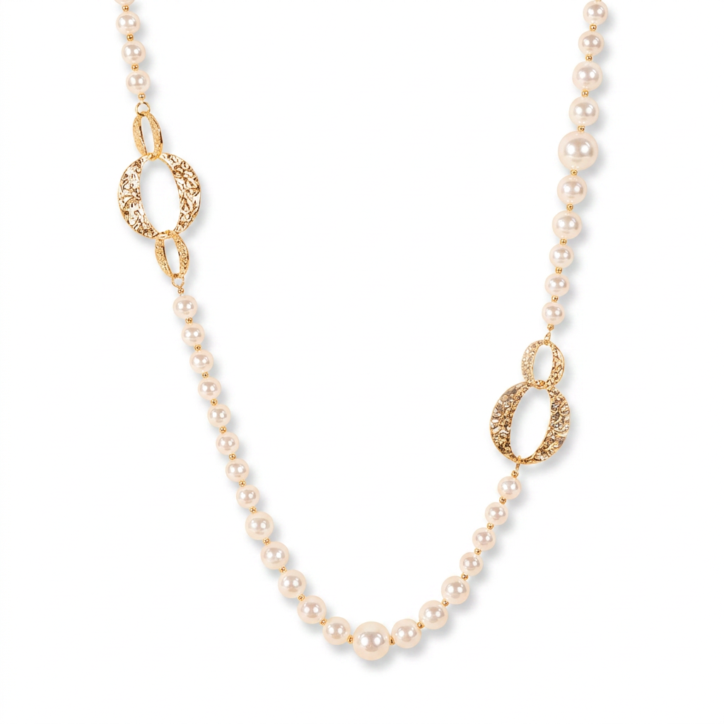 LONG NECKLACE WITH PEARLS AND HAMMERED DISCS