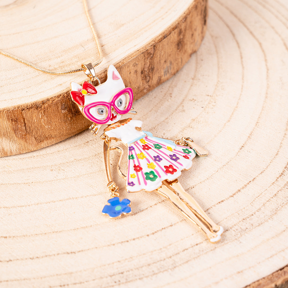 COLLANA LUNGA CON PENDENTE A FORMA DI GATTO CON VESTITO A FIORI
