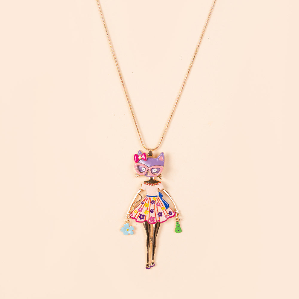 COLLANA LUNGA CON PENDENTE A FORMA DI GATTO CON VESTITO A FIORI