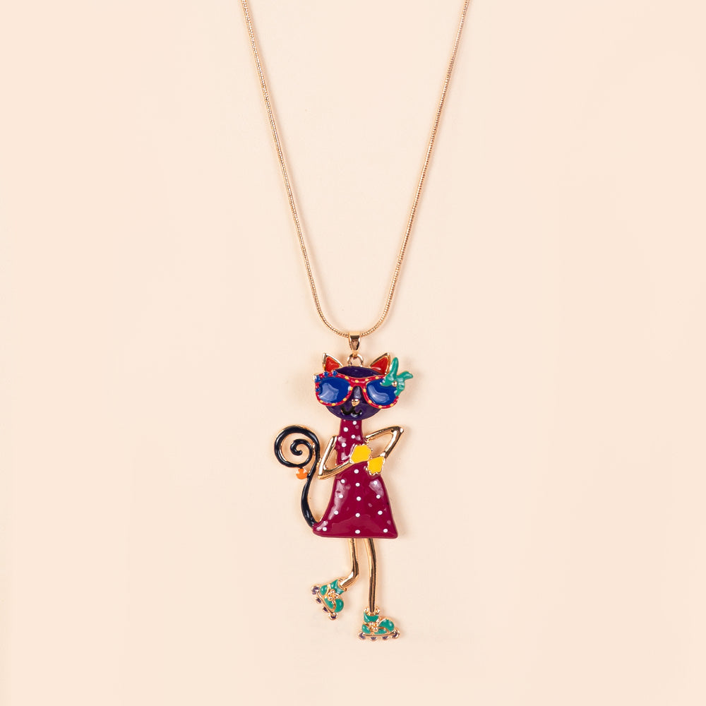 COLLANA LUNGA CON PENDENTE A FORMA DI GATTO CON PATTINI