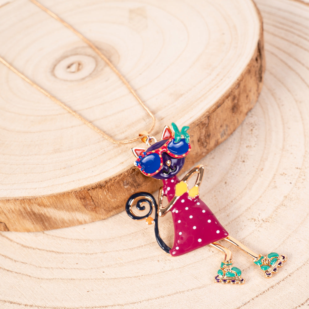 COLLANA LUNGA CON PENDENTE A FORMA DI GATTO CON PATTINI