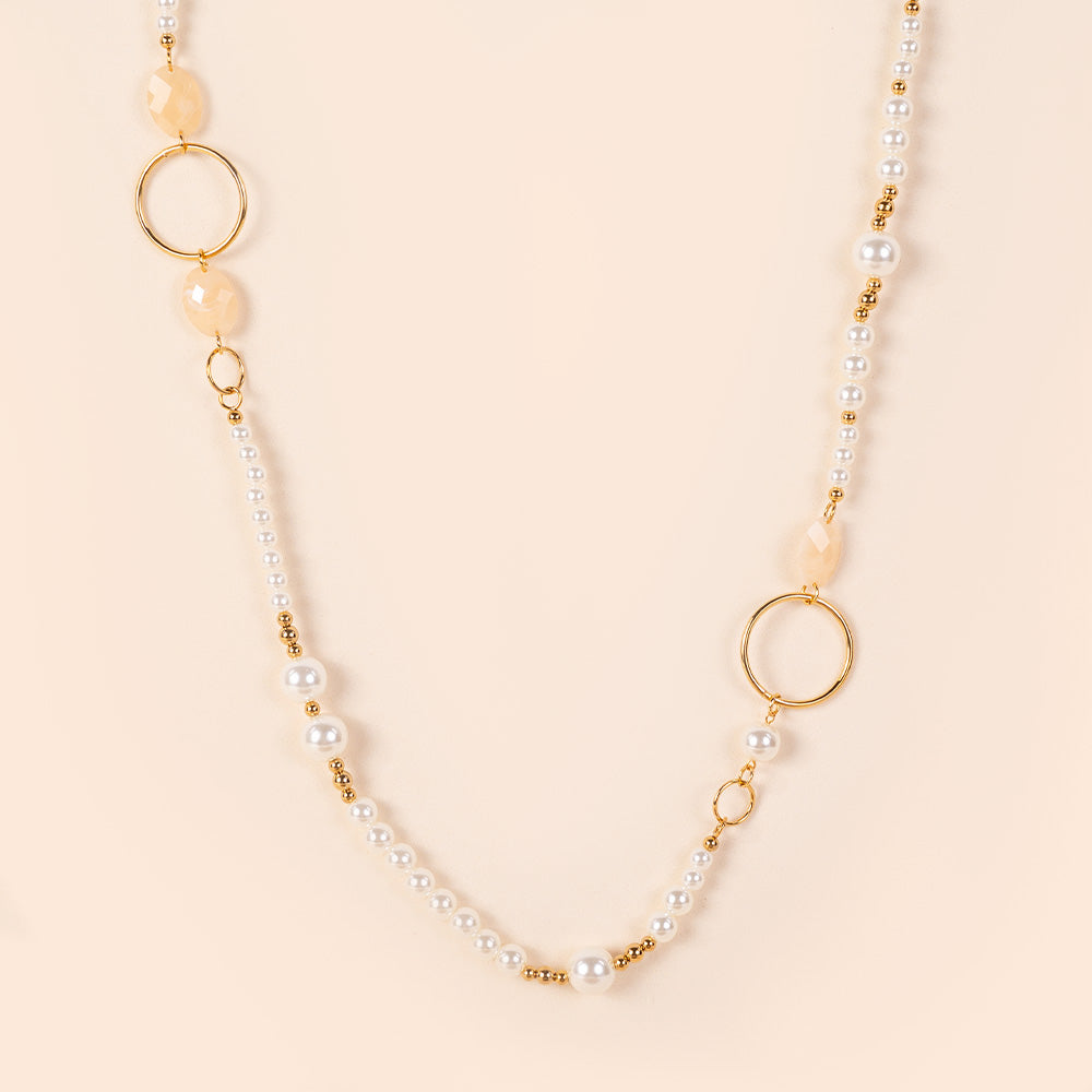 COLLANA LUNGA CON PERLE DI DIVERSO DIAMETRO INTERVALLATE DA DISCHI