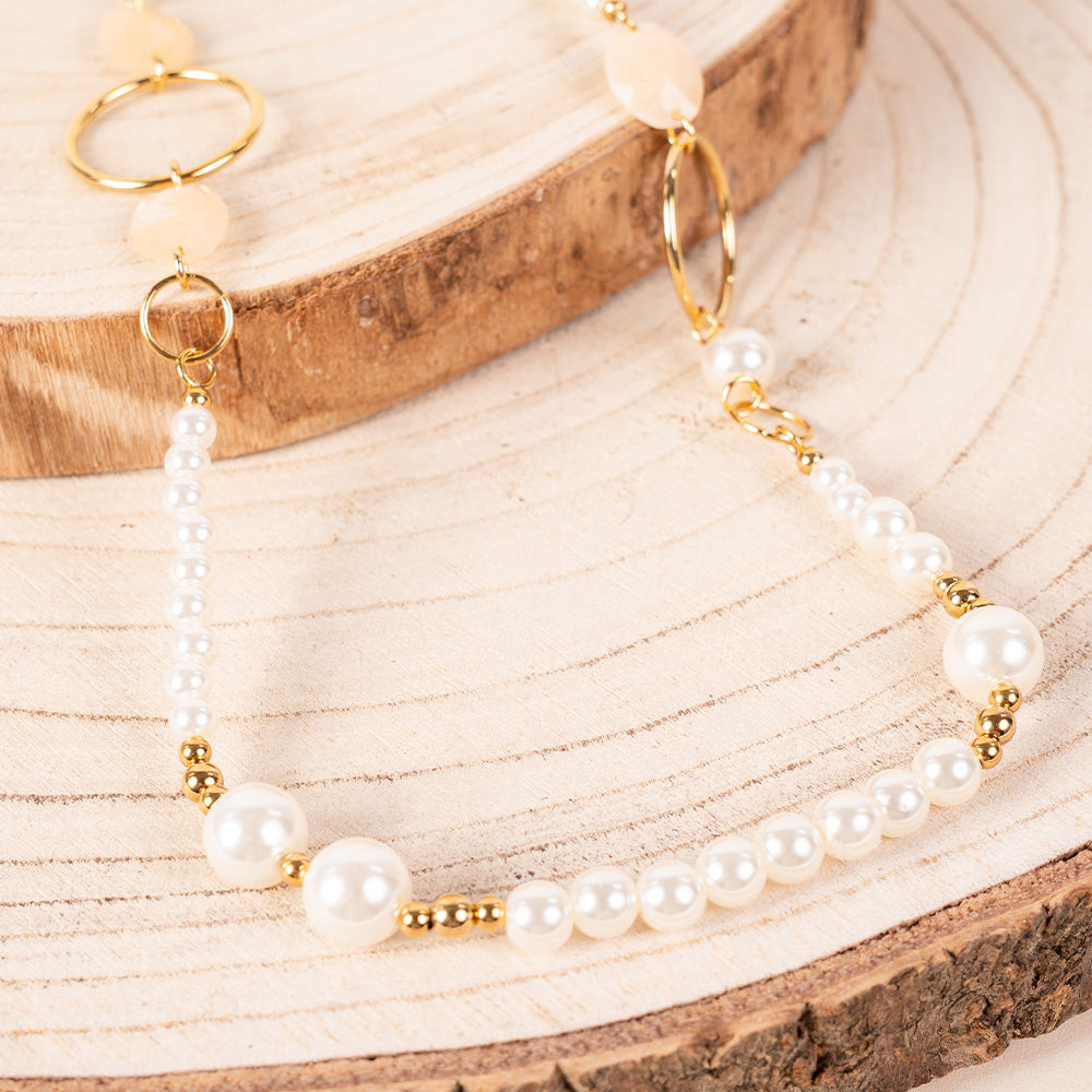 COLLANA LUNGA CON PERLE DI DIVERSO DIAMETRO INTERVALLATE DA DISCHI