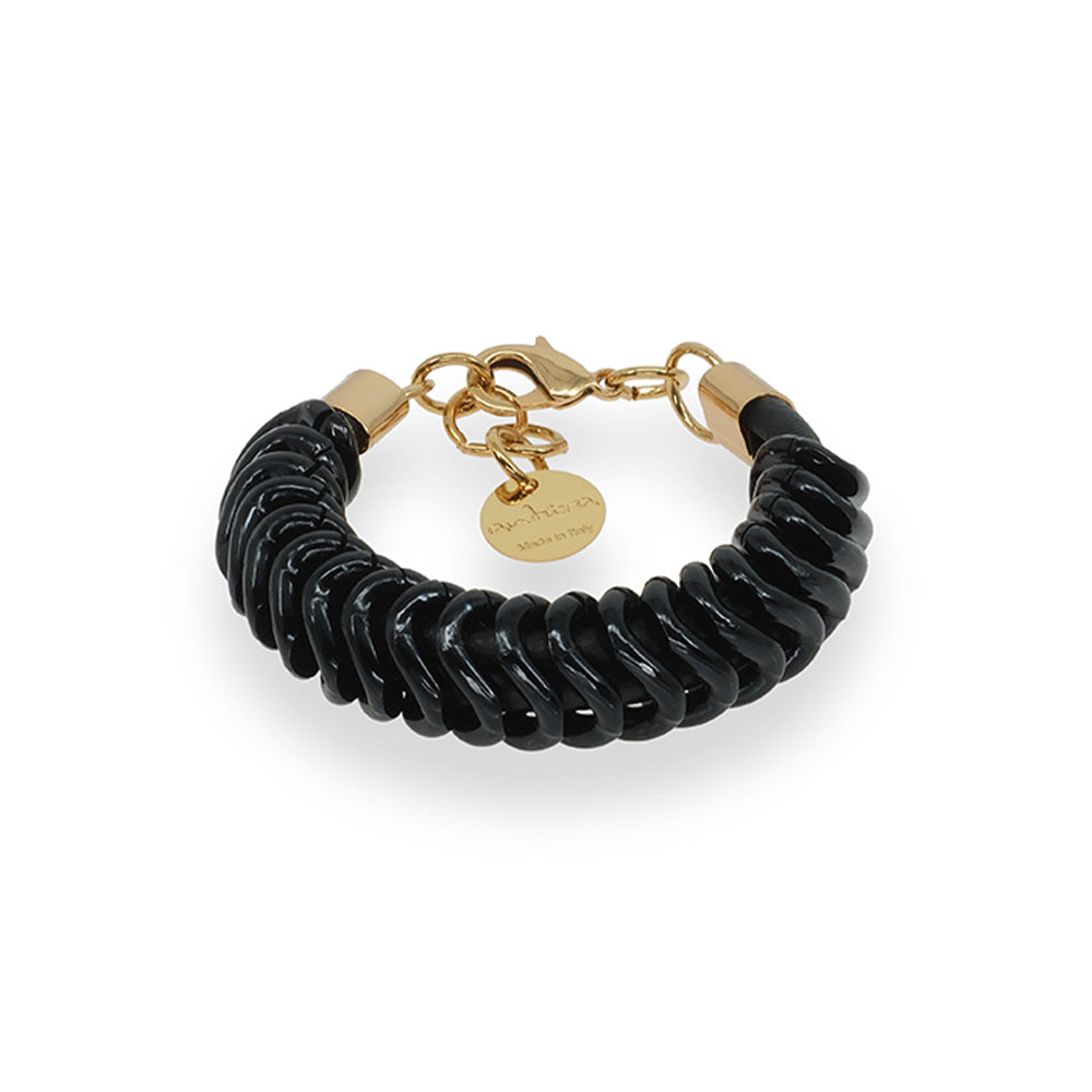 BRACCIALE CON STRUTTURA IN PELLE AVVOLTA DA MAGLIE IN OTTONE