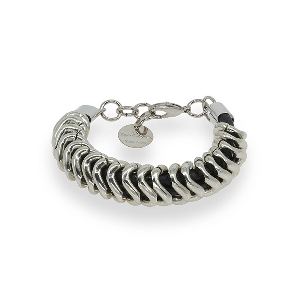 BRACCIALE CON STRUTTURA IN PELLE AVVOLTA DA MAGLIE IN OTTONE