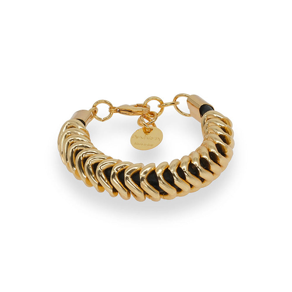 BRACCIALE CON STRUTTURA IN PELLE AVVOLTA DA MAGLIE IN OTTONE