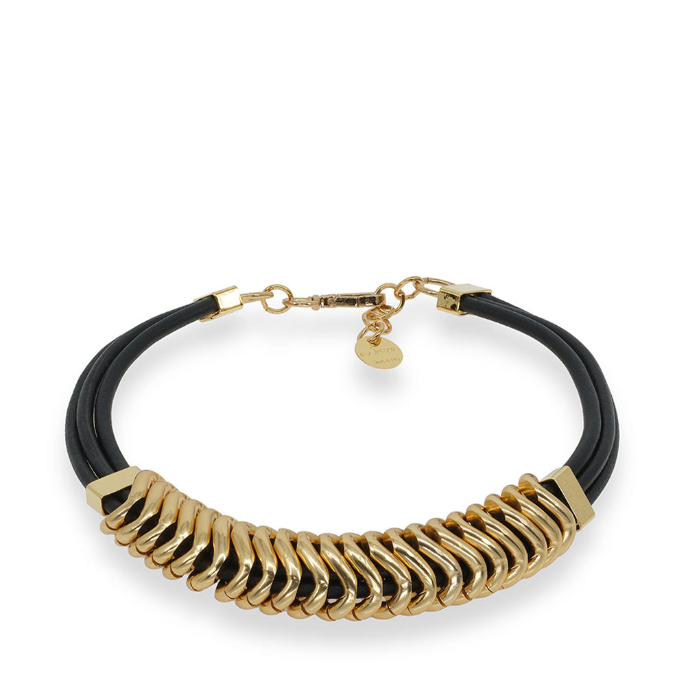 COLLANA GIROCOLLO CON STRUTTURA IN PELLE AVVOLTA DA MAGLIE IN OTTONE