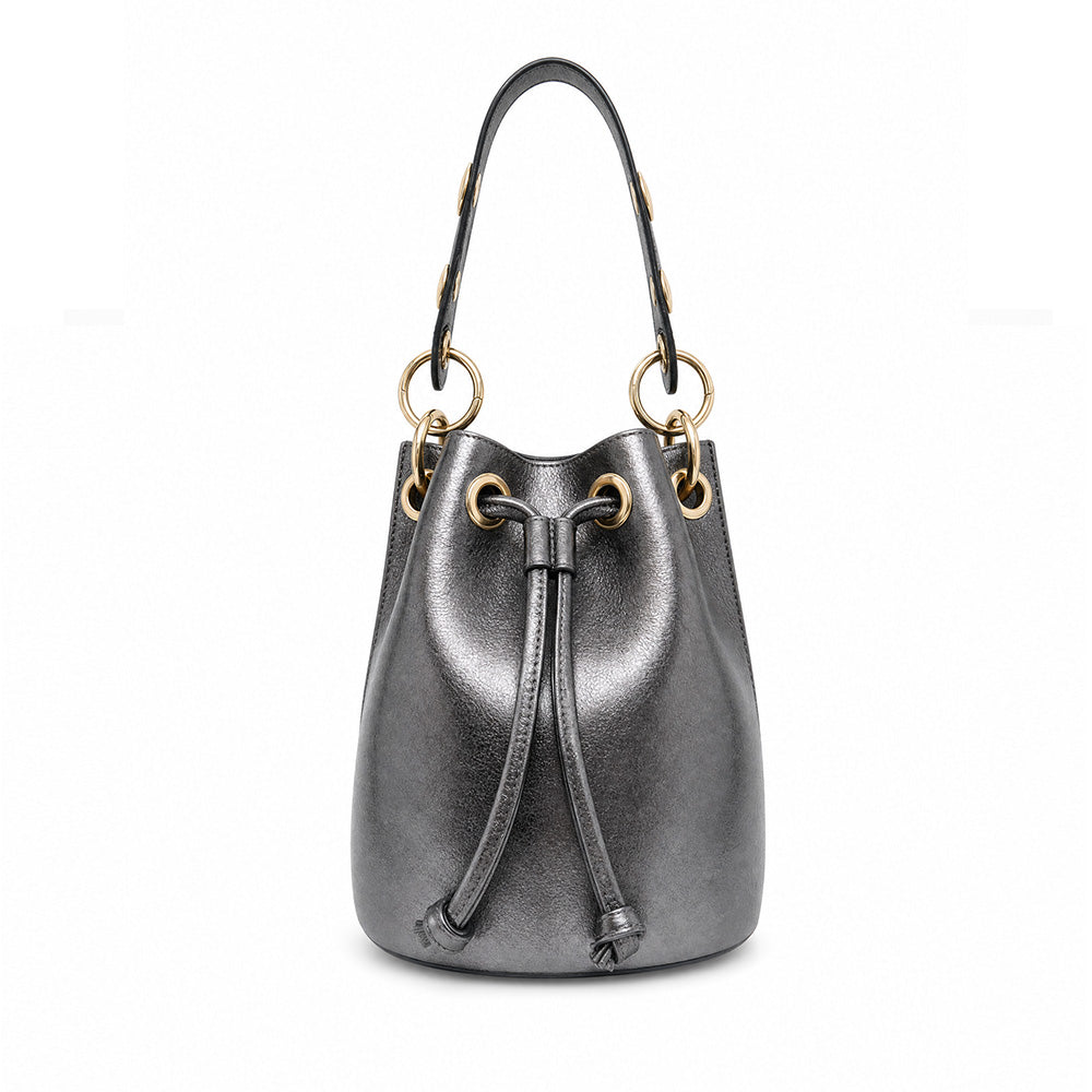 BORSA A MANO A SECCHIELLO CON BORCHIE AD ANELLO SUL MANICO