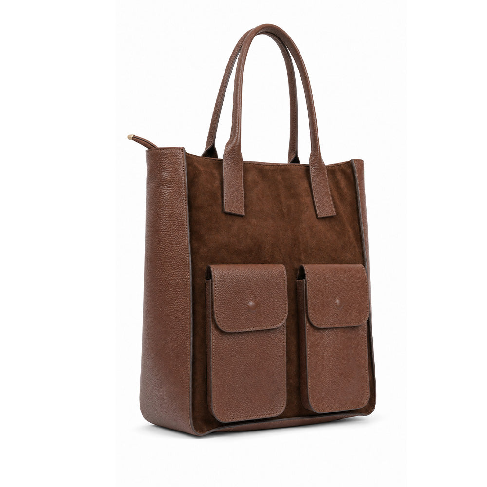 BORSA SPALLA IN PELLE E CAMOSCIO E DOPPIA TASCA FRONTALE