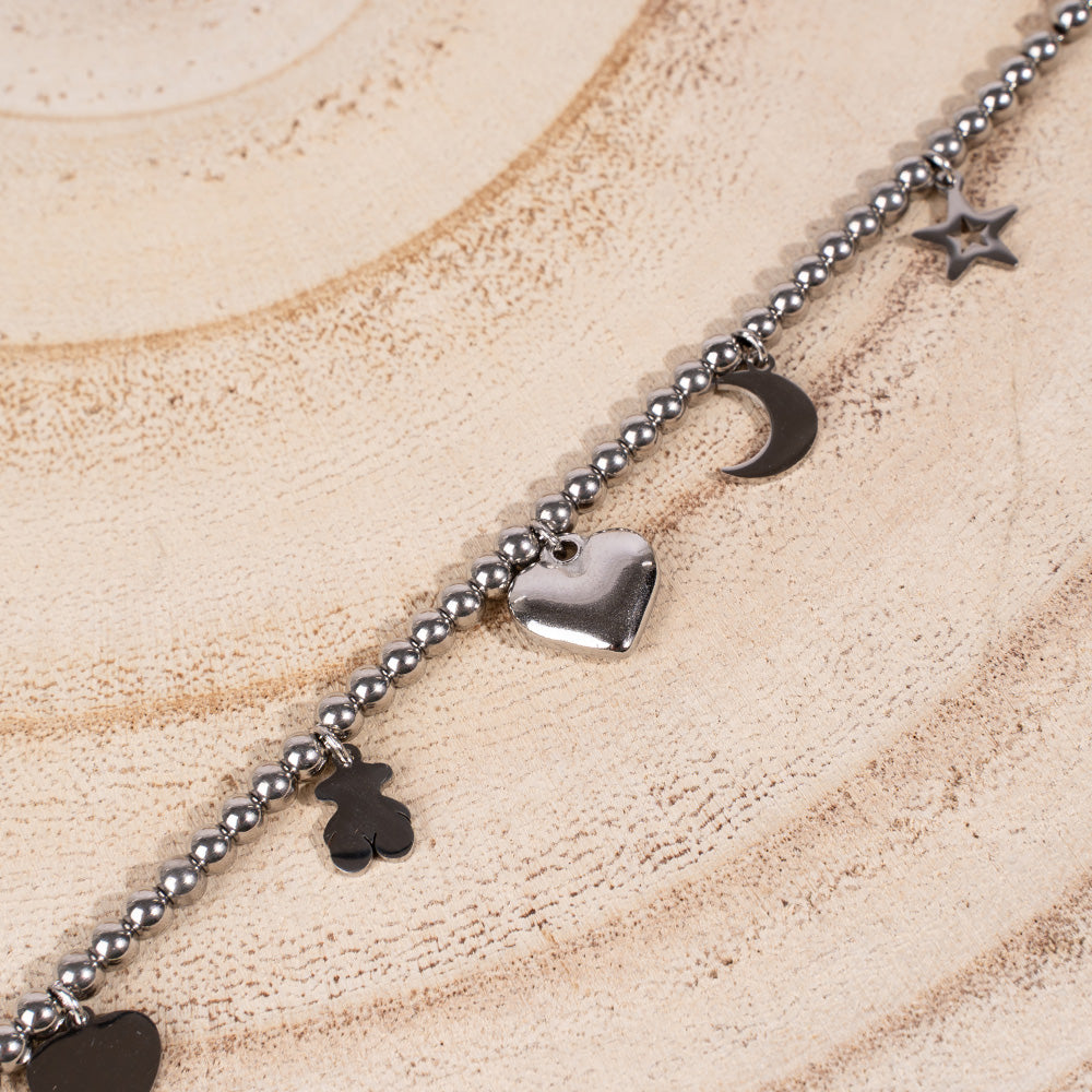 BRACCIALE MORBIDO CON CUORI, ORSETTO, STELLA E LUNA PENDENTI