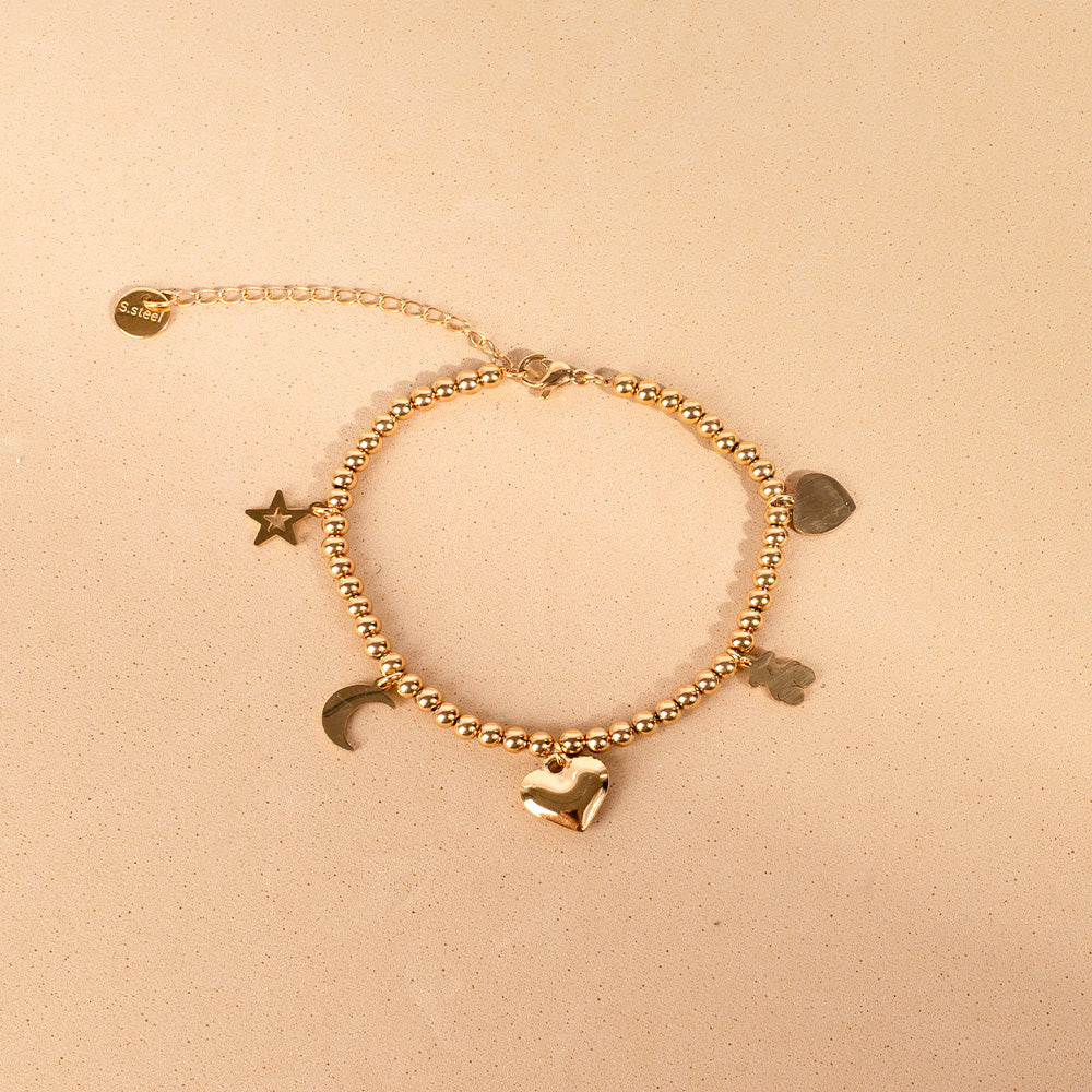 BRACCIALE MORBIDO CON CUORI, ORSETTO, STELLA E LUNA PENDENTI