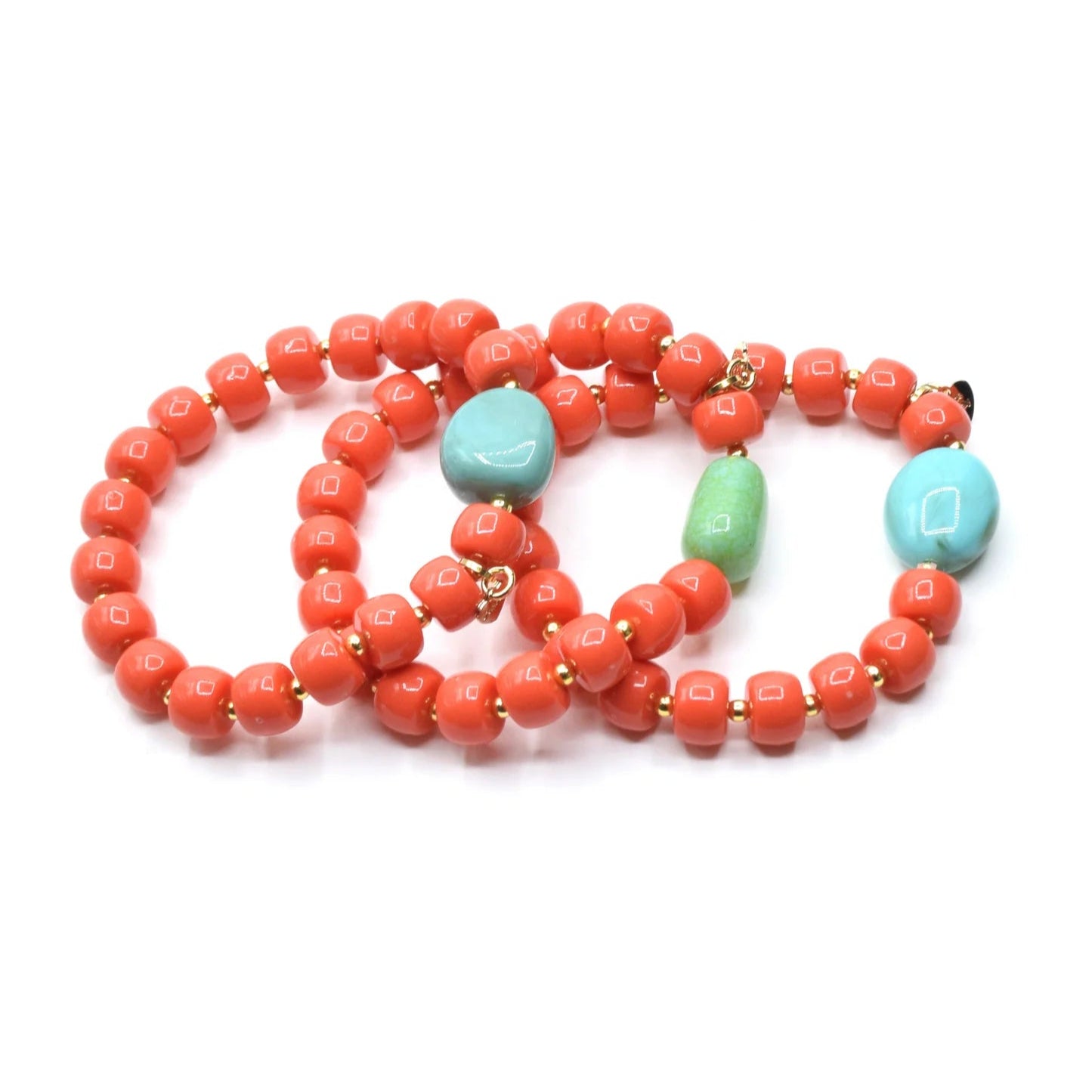 BRACCIALE ELASTICO A TRIS CORALLO E TURCHESE