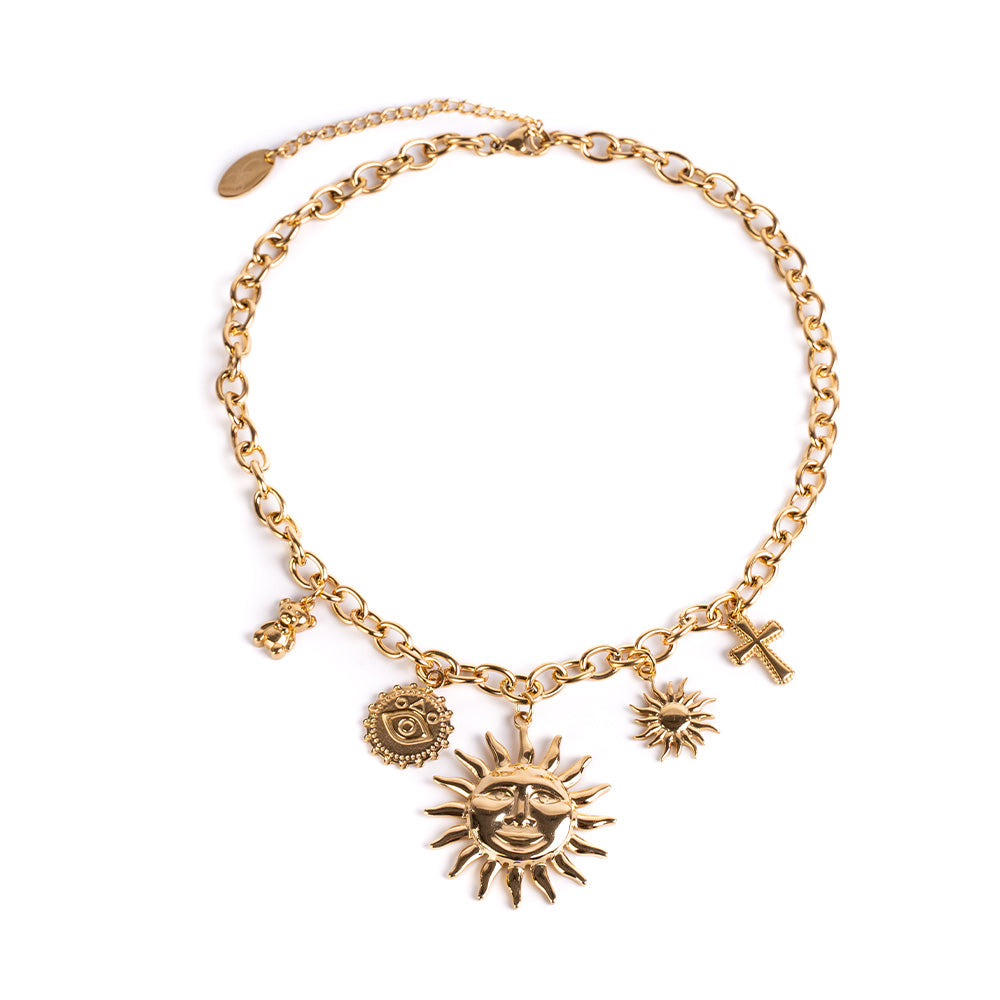 SUN EYE CROSS AND TEDDY BEAR CHOKER NECKLACE