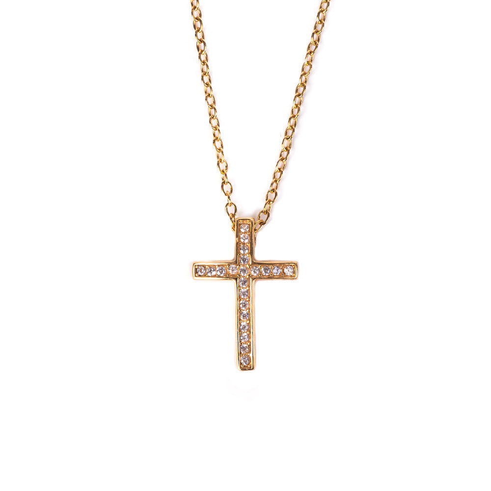 CHOKER NECKLACE WITH A CURVED CROSS IN THE CENTER AND RHINESTONE