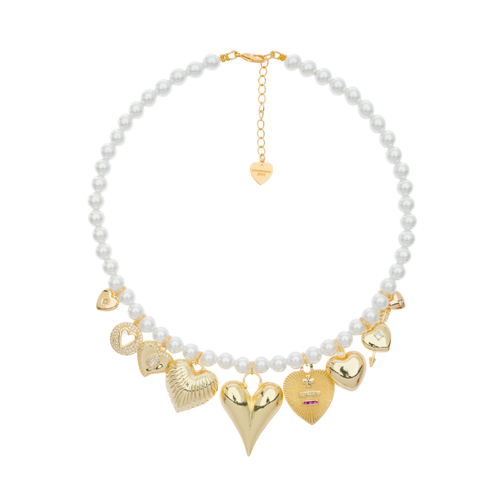 MAGIC PEARL MULTI HEARTS CHARM CHOKER NECKLACE