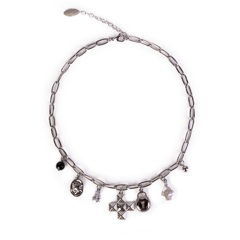 CHOKER NECKLACE WITH CROSS PADLOCK AND OTHER PENDANTS