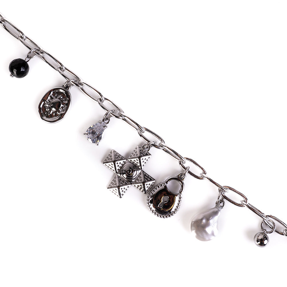 CHOKER NECKLACE WITH CROSS PADLOCK AND OTHER PENDANTS