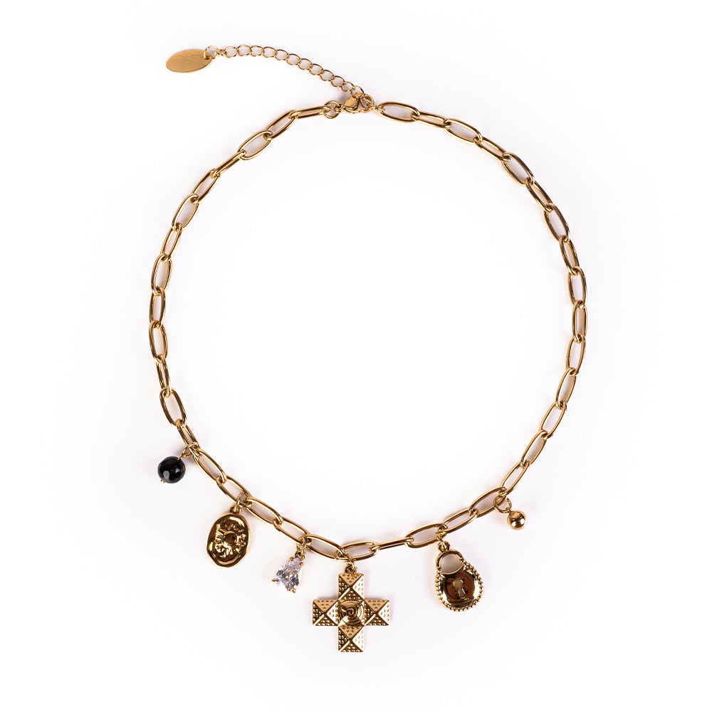 CHOKER NECKLACE WITH CROSS PADLOCK AND OTHER PENDANTS