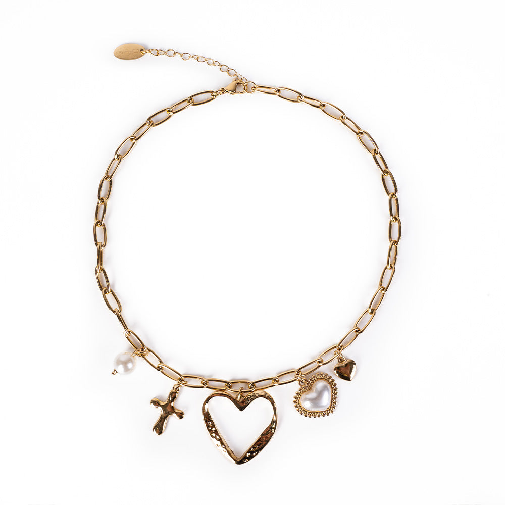 CHOKER NECKLACE WITH CROSS HEART AND OTHER PENDANTS