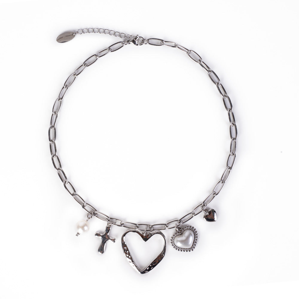 CHOKER NECKLACE WITH CROSS HEART AND OTHER PENDANTS