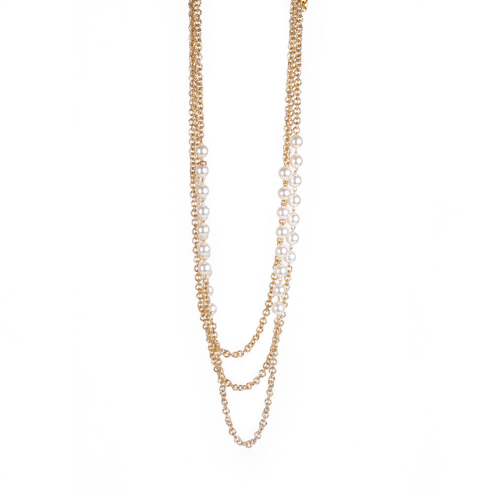 LONG MULTI-STRAIN NECKLACE WITH 3 ROWS OF CHAINS AND PEARLS