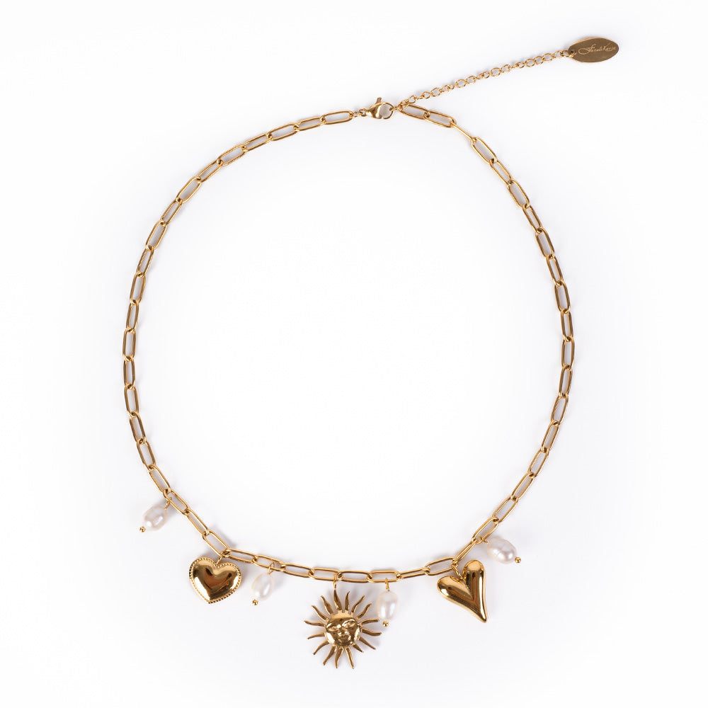 CHAIN CHOKER NECKLACE WITH SUN HEARTS AND PEARLS