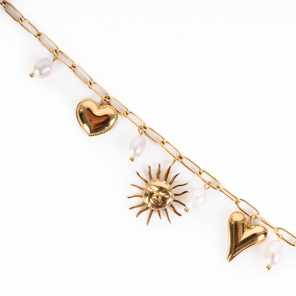 CHAIN CHOKER NECKLACE WITH SUN HEARTS AND PEARLS