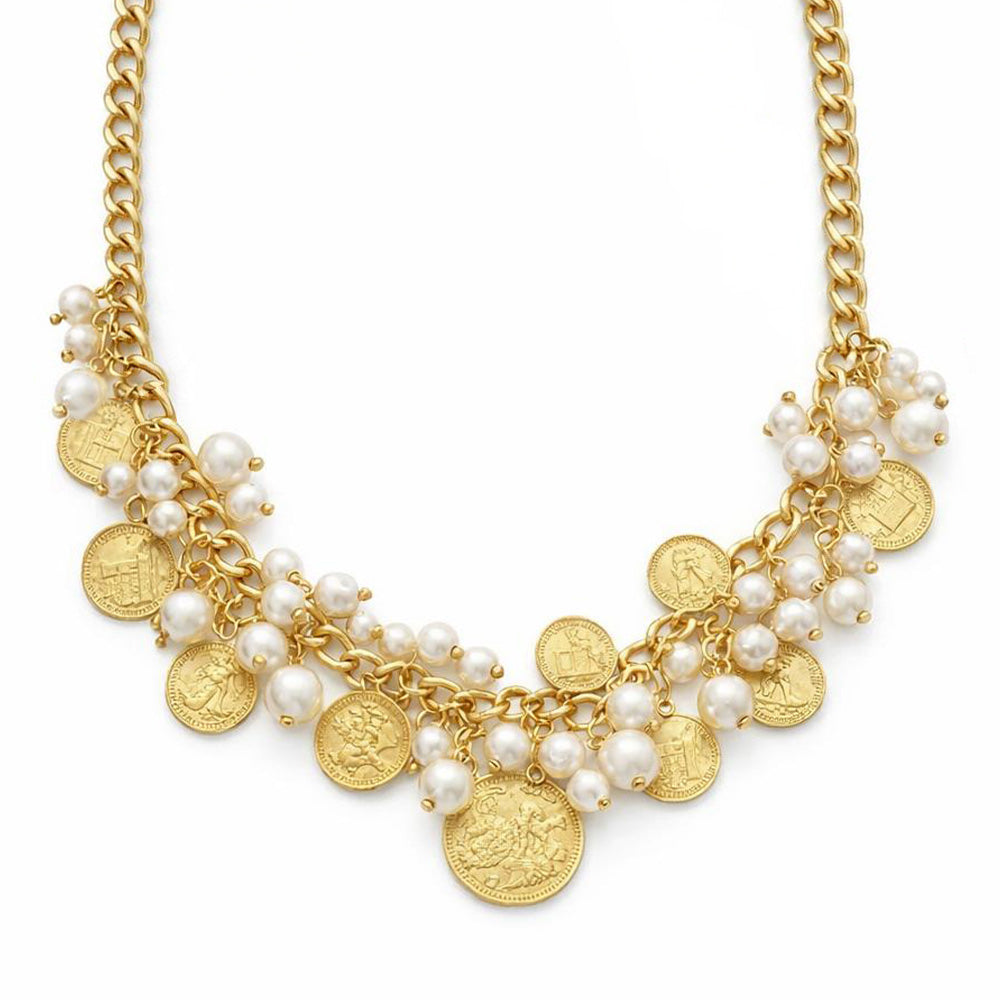 COLLANA GIROCOLLO CON MONETE E PERLE PENDENTI