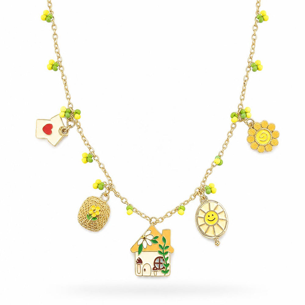 COLLANA GIROCOLLO CON PERLINE E PENDENTI A CASETTA E SOLE