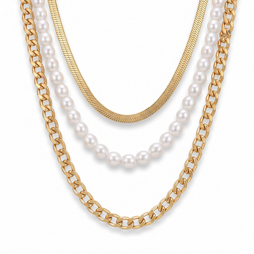 COLLANA A TRE FILI CON SNAKE GRUMETTA E PERLE IRREGOLARI