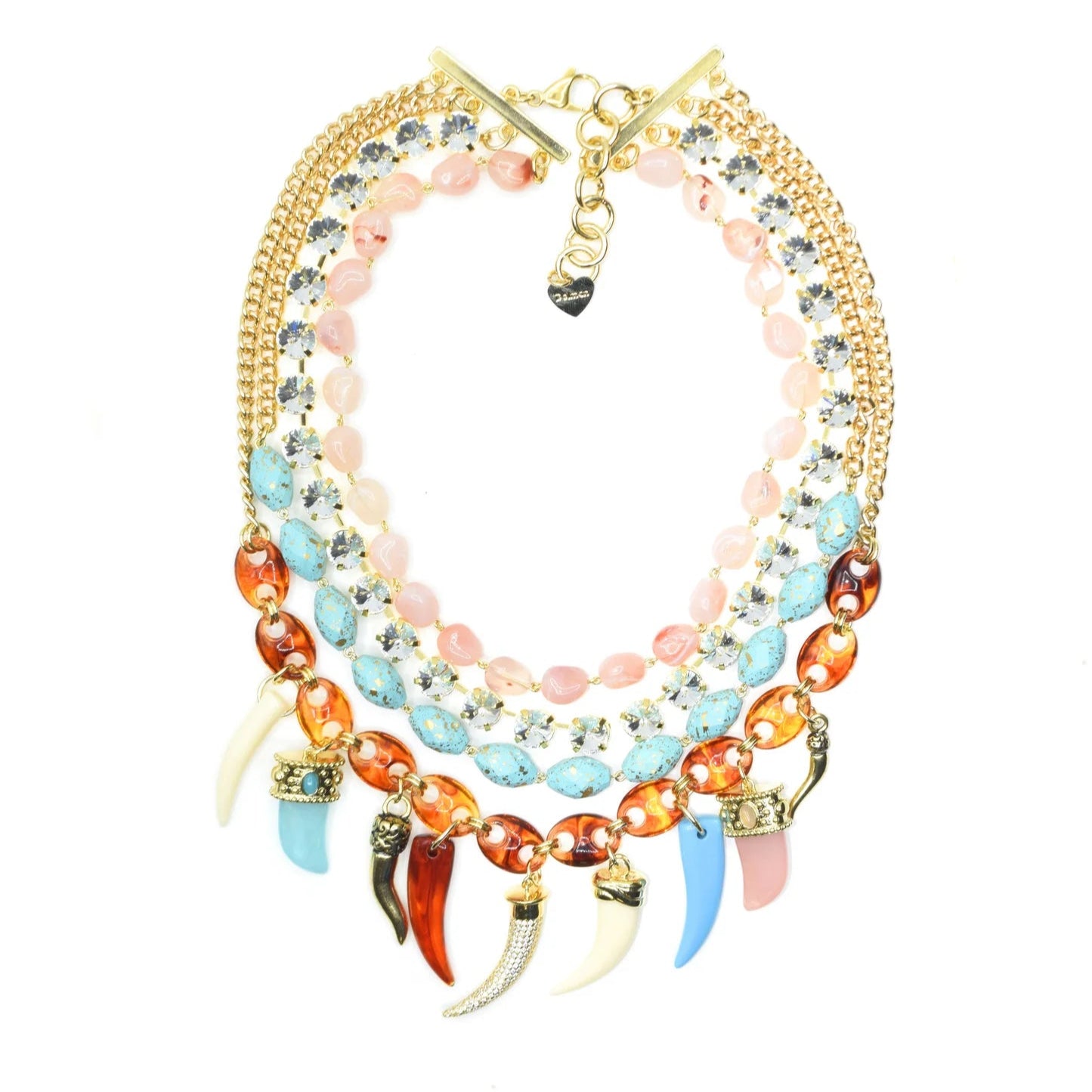 COLLANA MULTIFILO CON CORNI PENDENTI E PIETRE DI DIVERSO COLORE