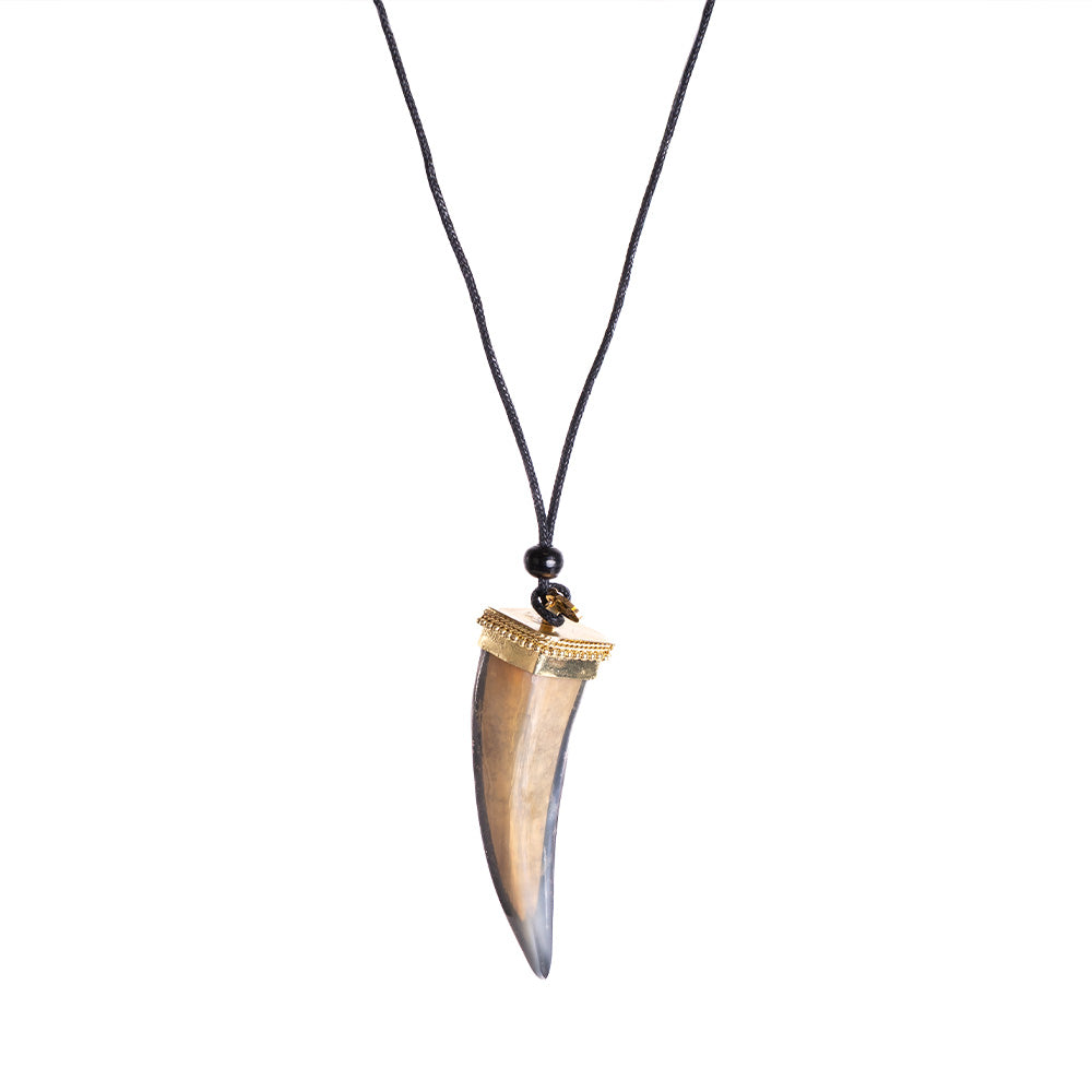 LONG NECKLACE WITH HORN PENDANT ON BLACK CORD BASE