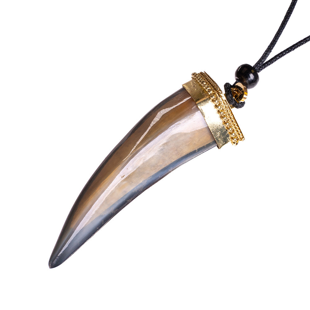 LONG NECKLACE WITH HORN PENDANT ON BLACK CORD BASE