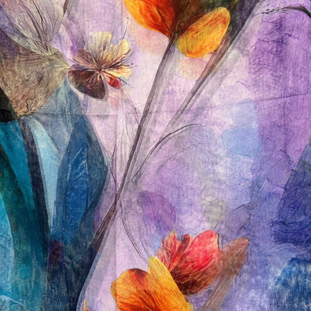 SCIARPA LEGGERA CON FIORI DIPINTI E FRANGE
