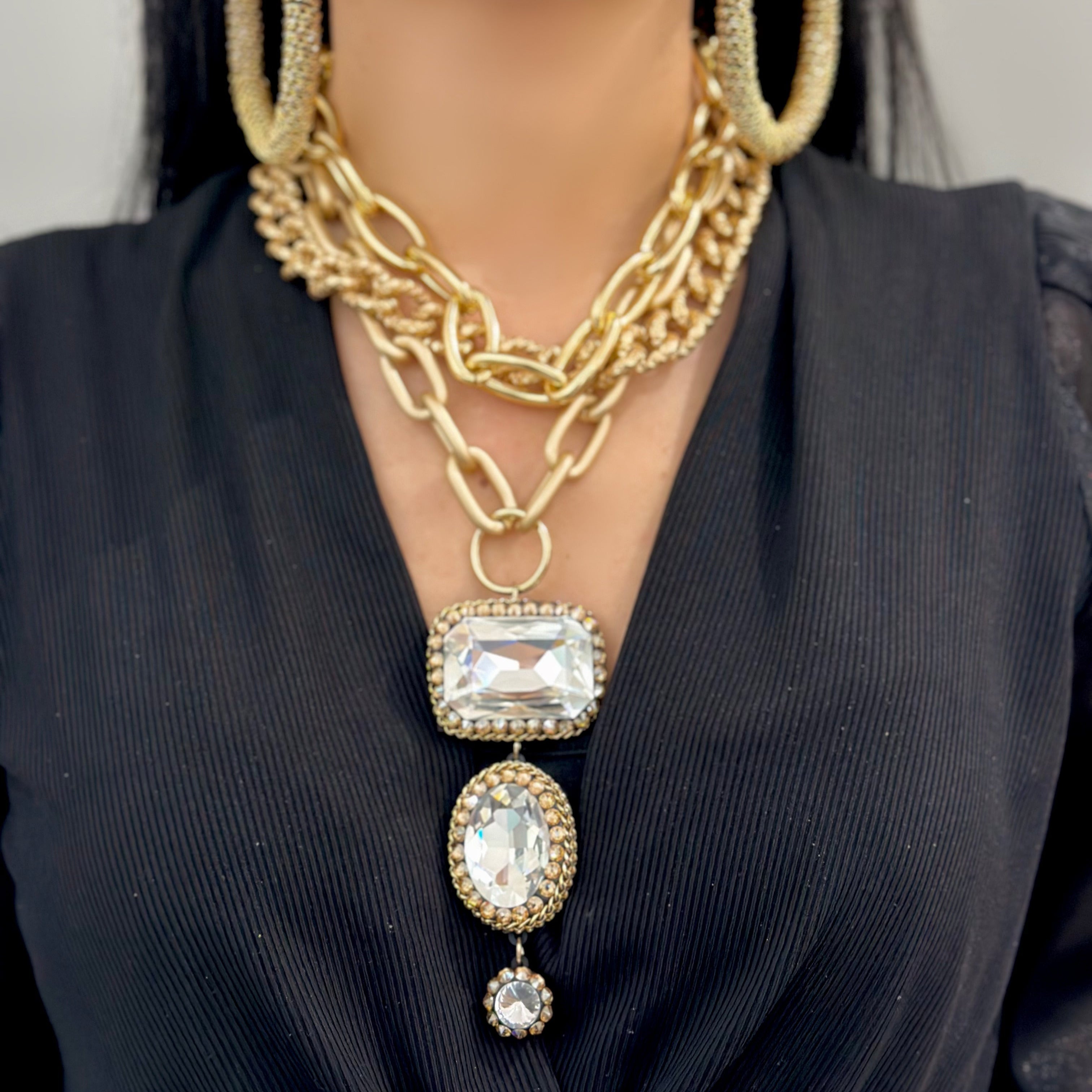 COLLANA GIROCOLLO MULTIFILO CON CATENE E PIETRE PENDENTI