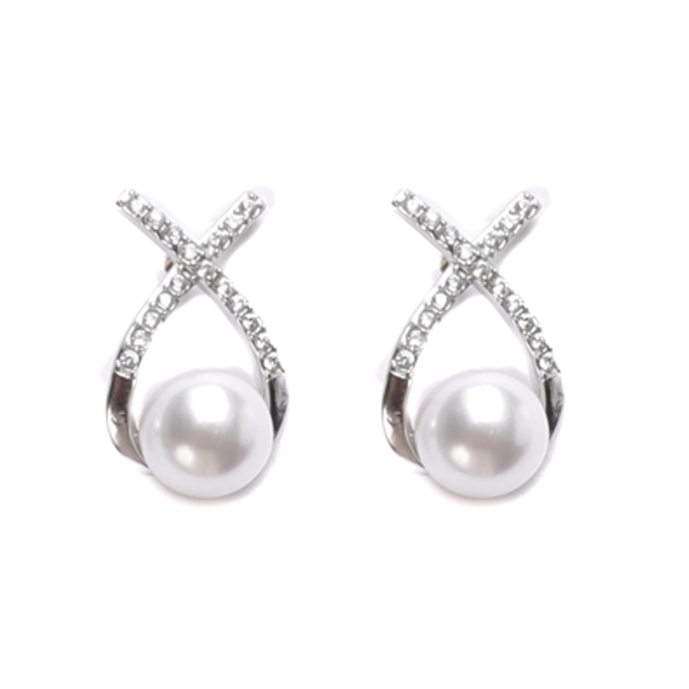 X-SHAPED PEARL AND RHINESTONE STUD EARRINGS