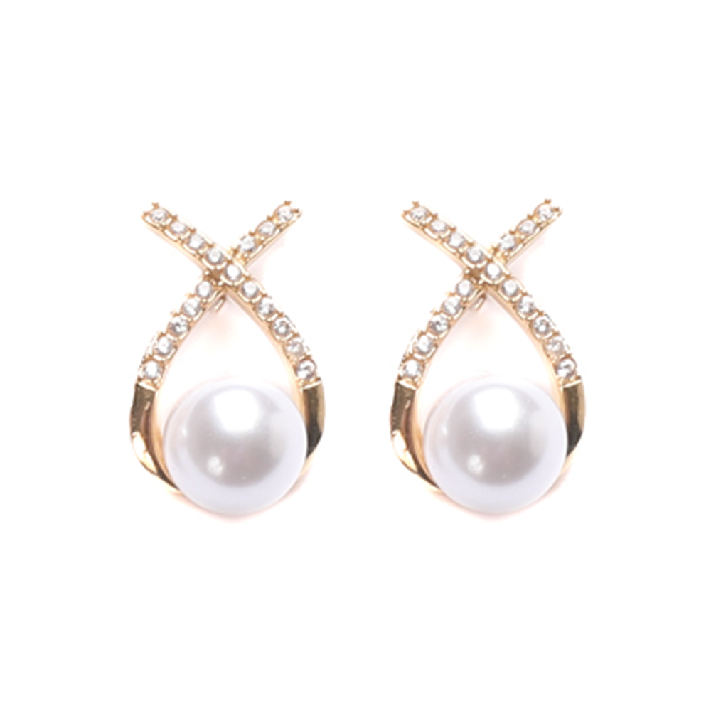 X-SHAPED PEARL AND RHINESTONE STUD EARRINGS