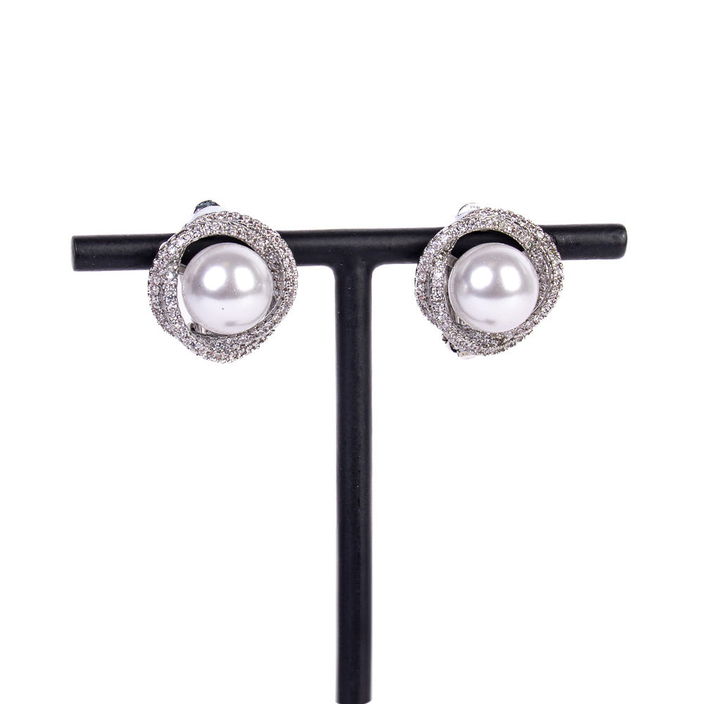 CLIP-ON EARRINGS WITH PEARL AND DOUBLE ROW OF RHINESTONE