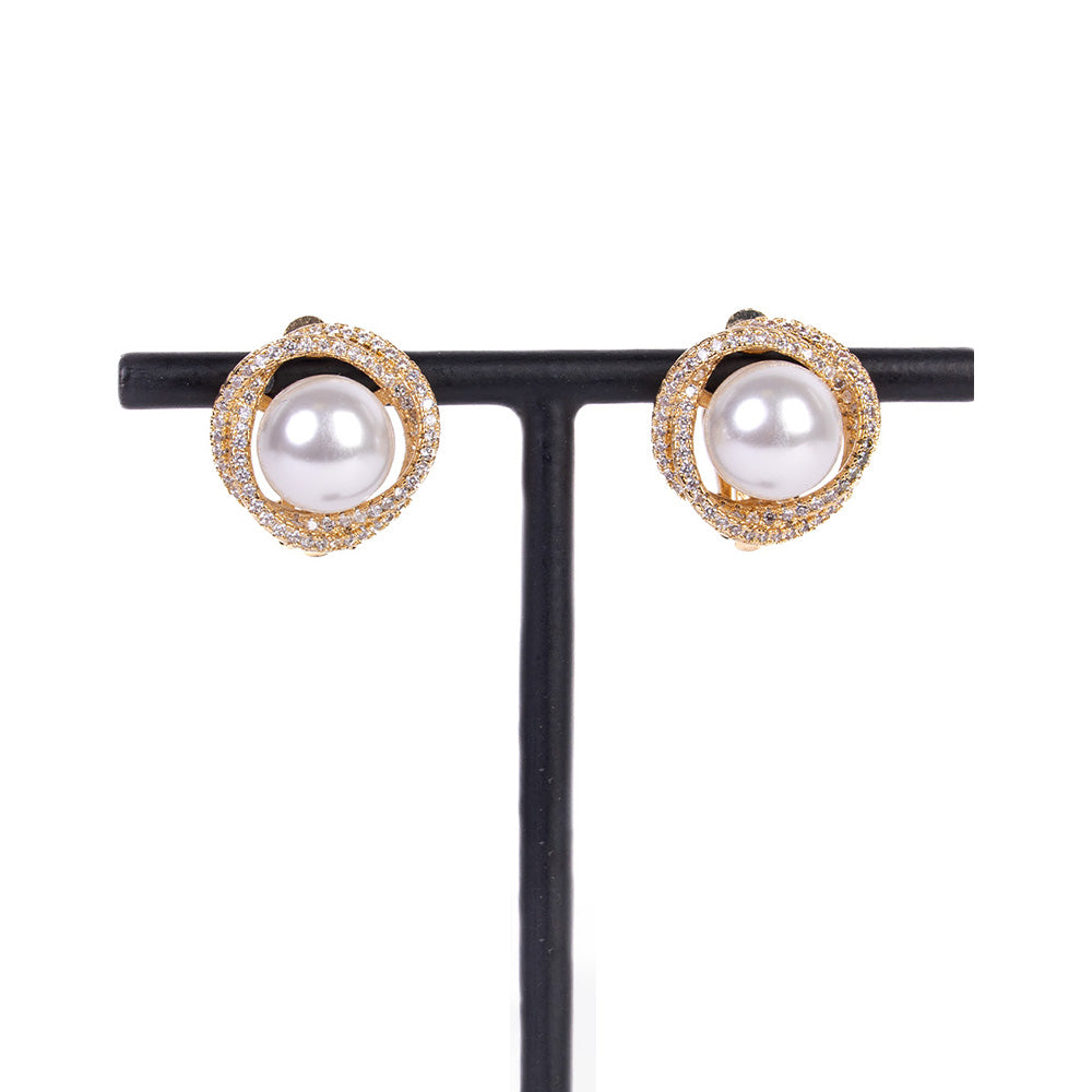 CLIP-ON EARRINGS WITH PEARL AND DOUBLE ROW OF RHINESTONE