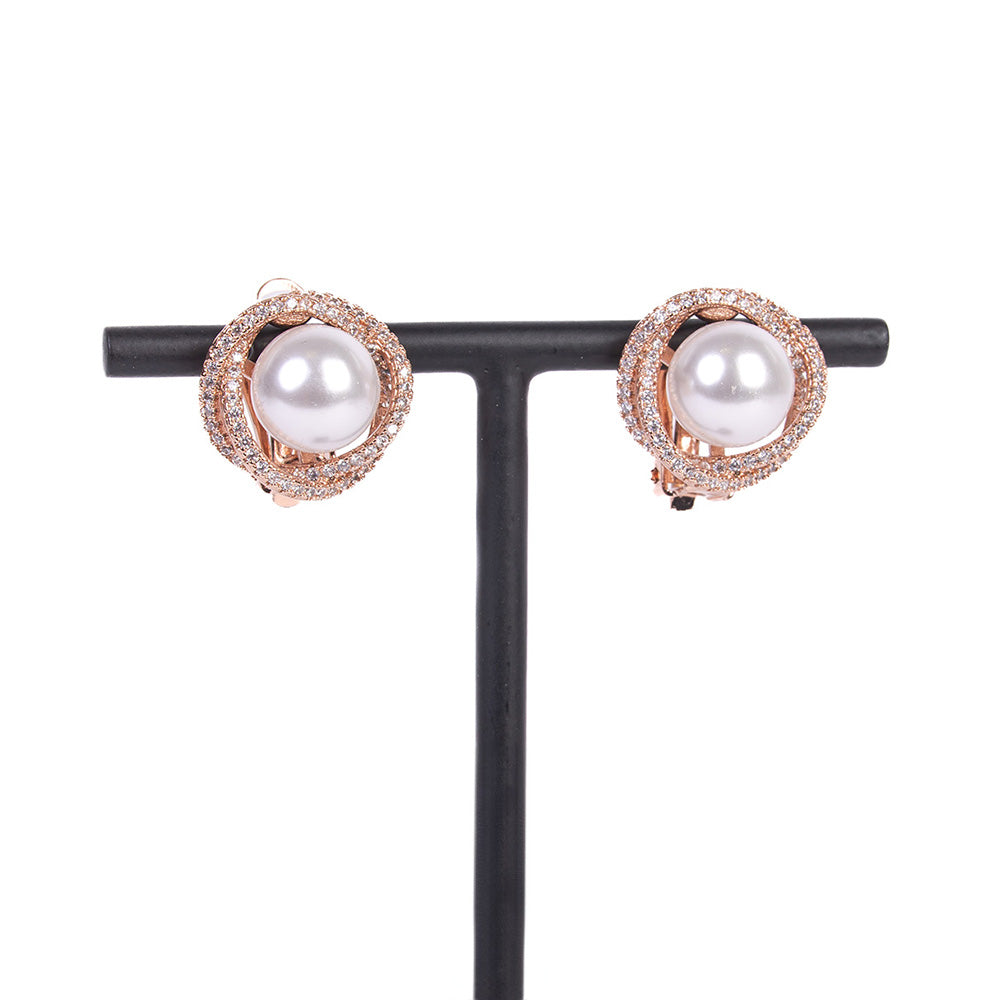 CLIP-ON EARRINGS WITH PEARL AND DOUBLE ROW OF RHINESTONE