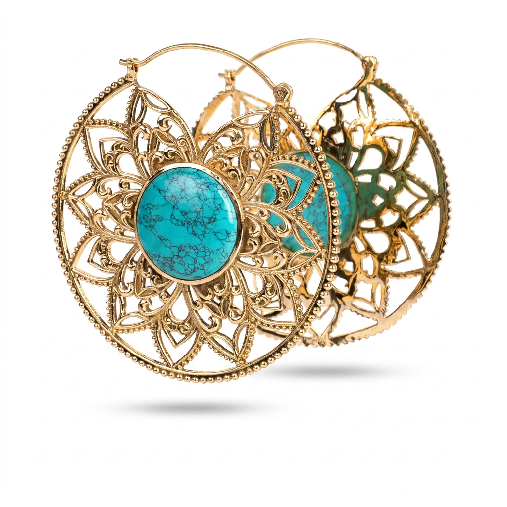 ORECCHINI CERCHIO DECORATI CON MANDALA E PIETRA CENTRALE