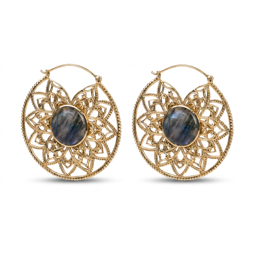 ORECCHINI CERCHIO DECORATI CON MANDALA E PIETRA CENTRALE