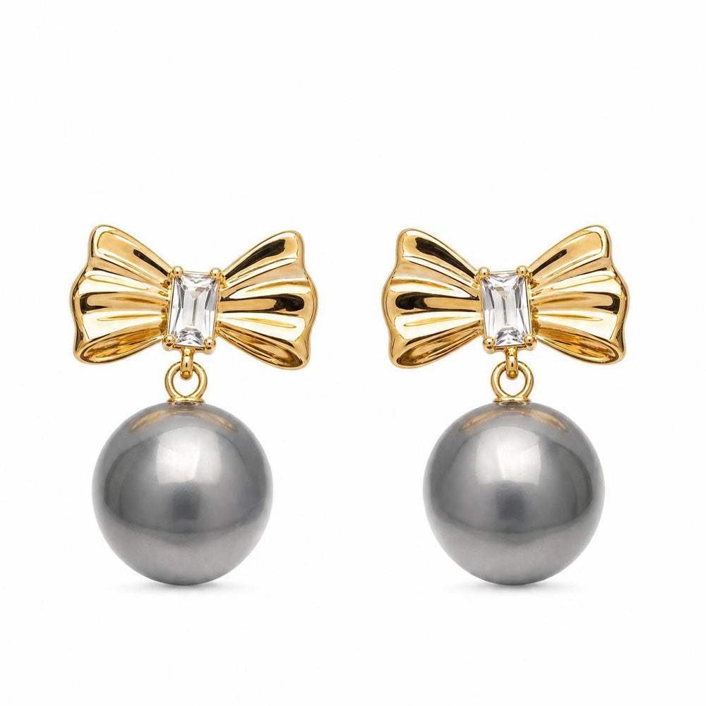 ORECCHINI PENDENTI CON PERLA SU FIOCCO CON STRASS