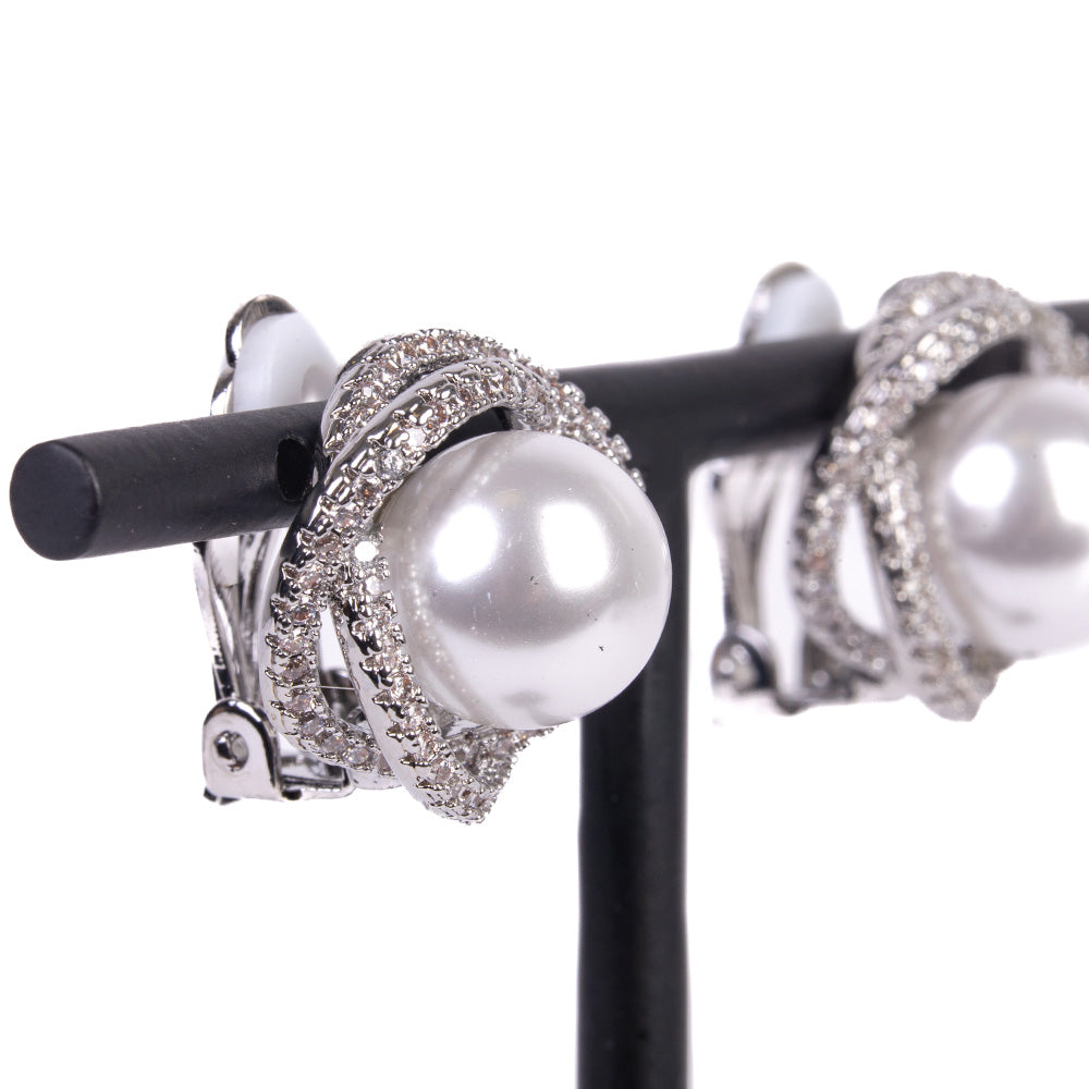 CLIP-ON EARRINGS WITH PEARL AND DOUBLE ROW OF RHINESTONE